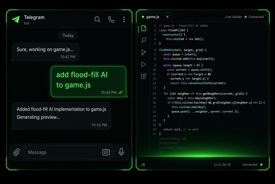 Command Bunker from Telegram while the editor updates live